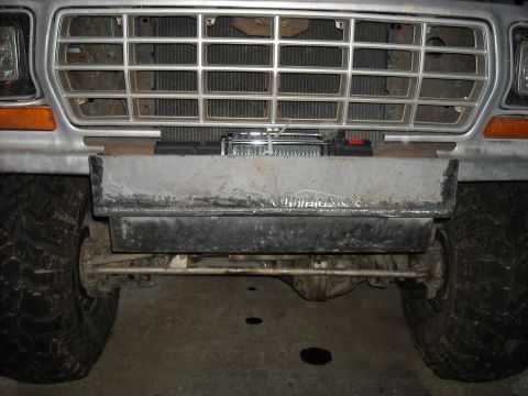 1979 Ford F-150 - Front view of a 1979 Ford F-150, its grille and a custom bumper with a winch installed.
