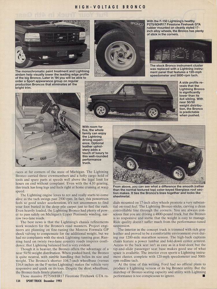 Black Ford Bronco with aftermarket wheels and tires. Interior shots show bucket seats and a dashboard with gauges