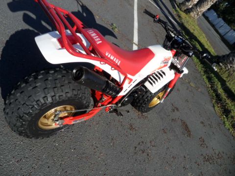 1994 Jeep Cherokee - A red and white Yamaha three-wheeler is parked on asphalt, gold rims and a prominent exhaust pipe.