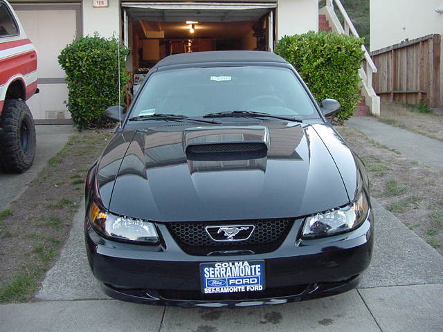 Black 2004 Ford Mustang convertible parked in driveway, front view. Another vehicle is partially visible on the left
