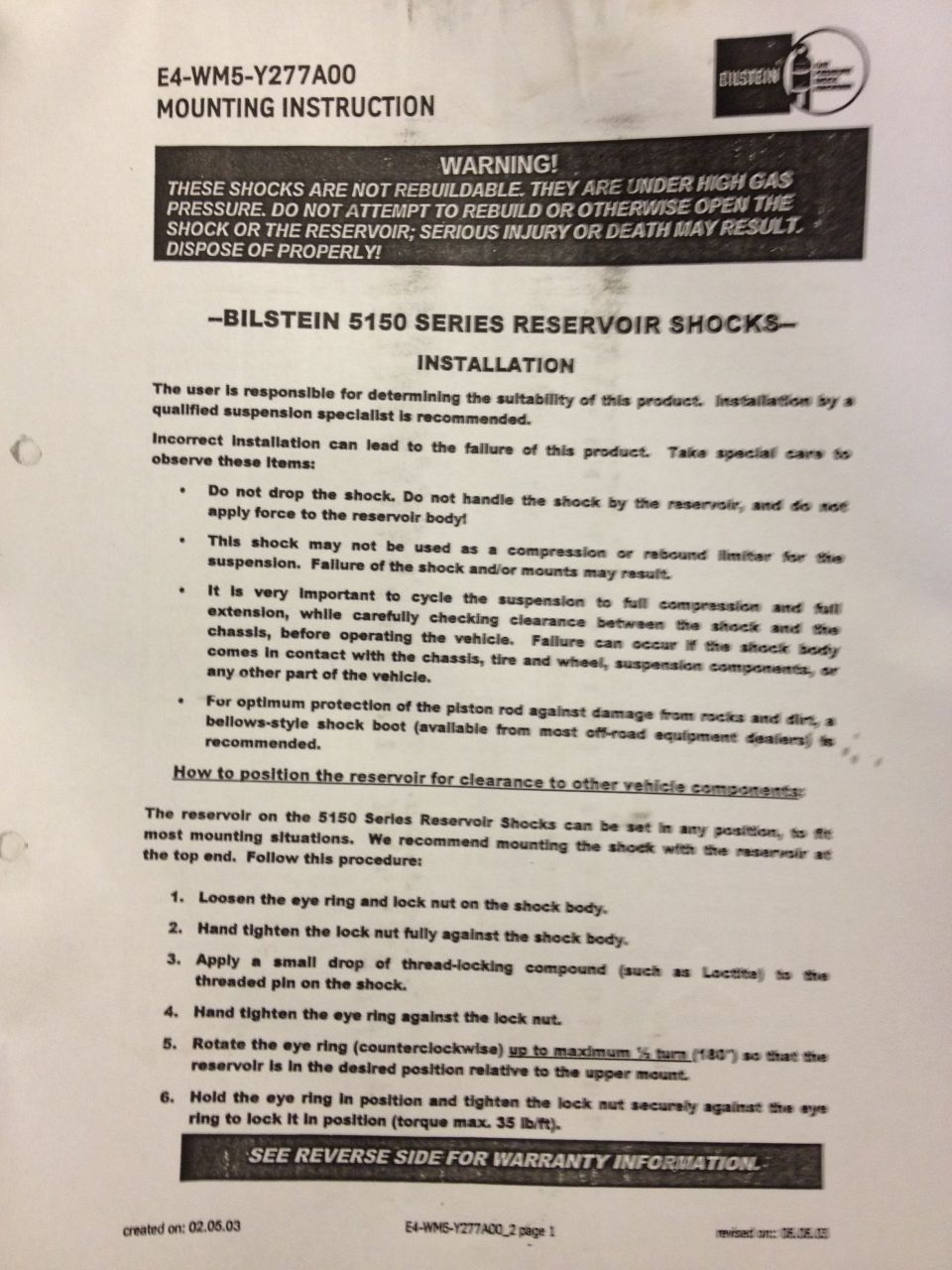 bilstein instructions