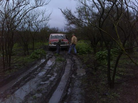 1989 Ford Bronco - A red Ford Bronco is stuck in the mud on a rural road with two people nearby.
