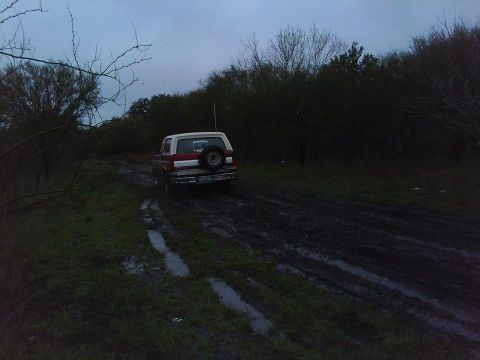 1989 Ford Bronco - This 1989 Ford Bronco navigates a challenging muddy track surrounded by dense foliage.