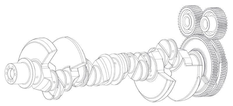 Line-art CAD drawing of a crankshaft with connecting rods and timing gears