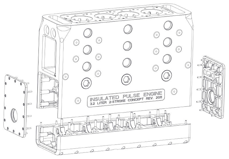 Exploded line drawing of an insulated pulse engine block with end cover plates separated