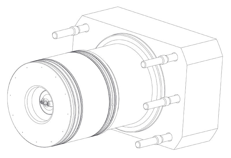 Line-art CAD drawing of a cylindrical engine assembly with flange and studs