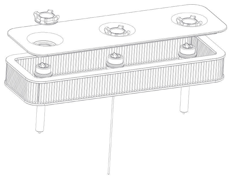 Oval air cleaner assembly exploded line drawing with lid, filter element and three wing nut studs