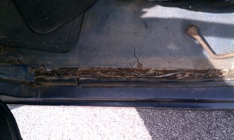 1984 Ford Bronco - Debris and rust are visible along the door sill of the vehicle's interior.