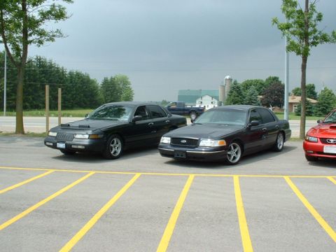 2000 Ford Crown Victoria - Two Ford Crown Victorias parked side-by-side in a parking lot with yellow lines.
