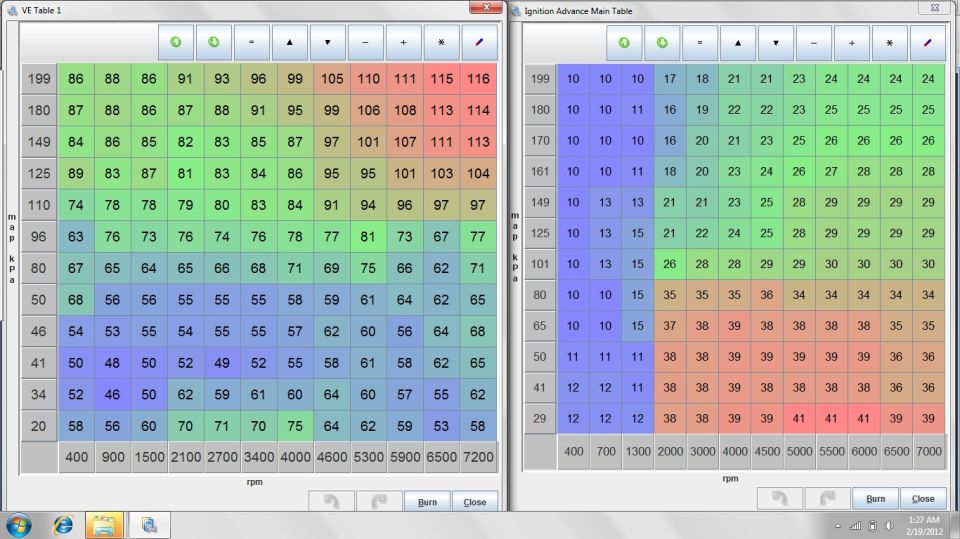 Tuning software screenshot of VE Table and Ignition Advance Main Table side by side