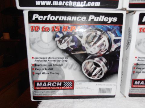 1990 Ford Bronco - Box for March Performance Pulleys, advertising 10-15 HP gains and listing product features.