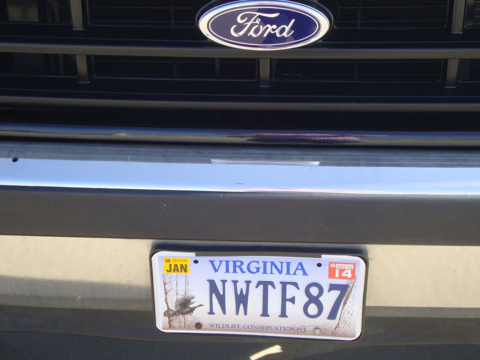 Virginia license plate NWTF87 below a Ford grille emblem