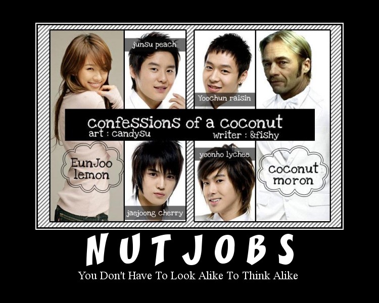 Demotivational poster with six faces and text 'Confessions of a Coconut'