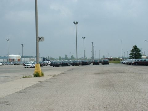 2000 Ford Crown Victoria - Large parking lot filled with numerous dark-colored sedans and a few white vehicles.