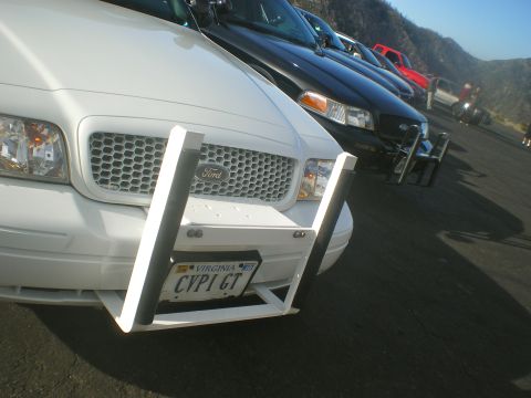 2004 Ford Crown Victoria - Line of vehicles including a white 2004 Ford Crown Victoria with a push bar.