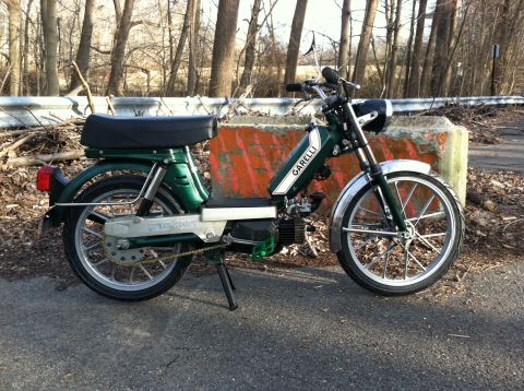 1981 Garelli Rally Sport - Green moped with white stripe on gas tank, parked on asphalt.