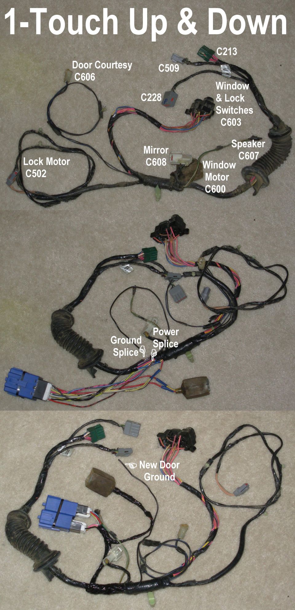 Door wiring harness laid out with labeled connectors for one-touch windows