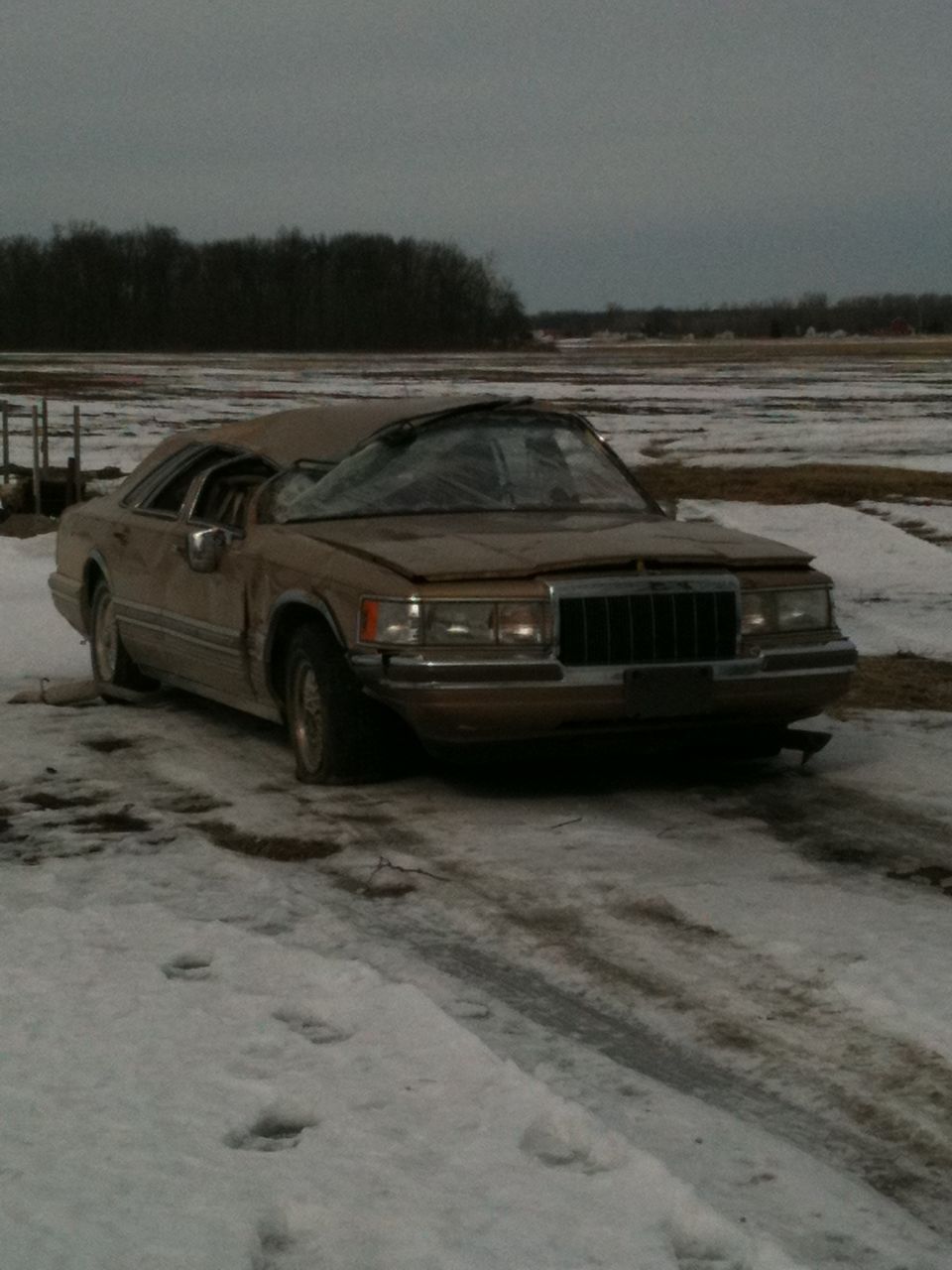 Brown sedan with a smashed windshield and dented body, parked in a snowy field