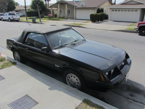 1985 Ford Mustang - A black 1985 Ford Mustang convertible is parked curbside on a sunny day in a suburban neighborhood.