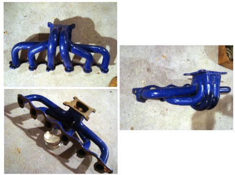 1981 Ford Bronco - Set of blue exhaust headers, likely for a V8 engine, shown from multiple angles.