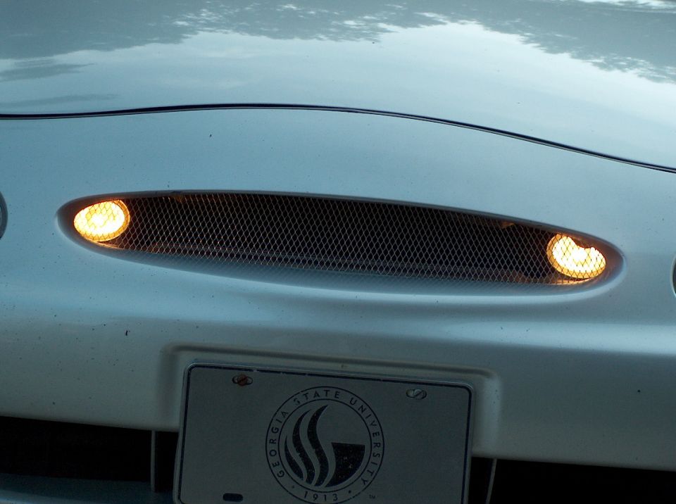 Front grille with amber turn signals on a white car. Georgia State University license plate is visible
