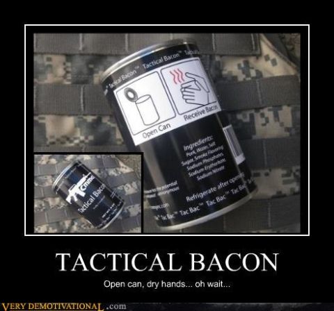 2000 Mercury Grand Marquis - A can of tactical bacon, complete with instructions and ingredients, sits on a camouflage background.
