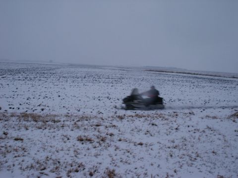 1971 Arctic Cat Panther 440 2-Pass - A snowmobile travels across a barren, snow-covered field under an overcast sky.