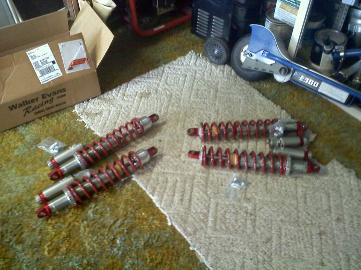 Four red coilover shock absorbers laid out on a rug next to a "Walker Evans Racing" box