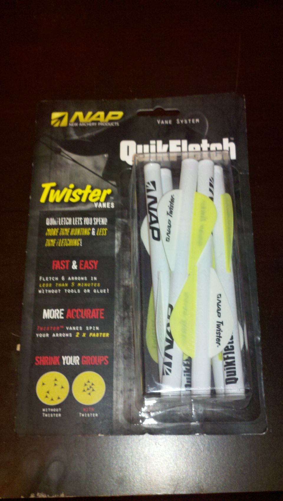 NAP QuikFletch Twister Vanes packaging with white and yellow fletchings inside