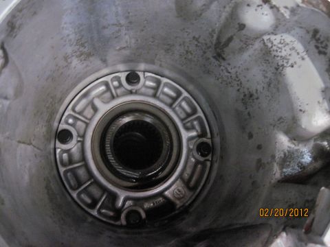 1979 Ford Bronco - This is a close-up view of a vehicle's transmission housing, showing internal mechanical components.