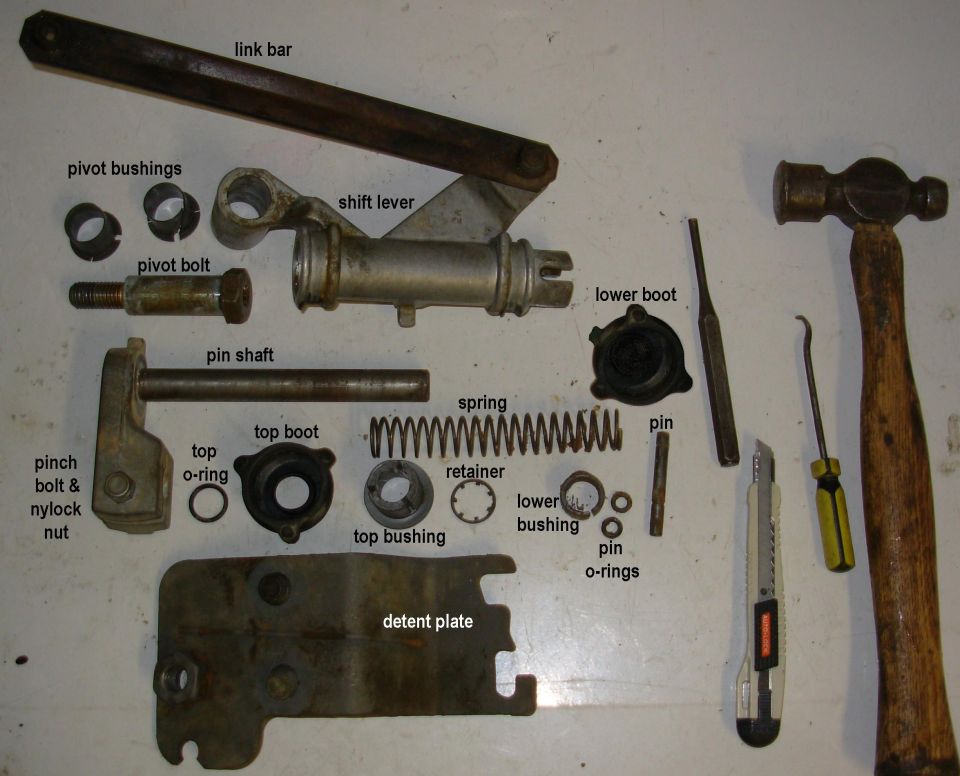 Clean, repair, and lubricate all parts as needed, then reassemble in reverse order.

If the boots are damaged, large balloons can be substituted.  Cut a large hole in one for the pin shaft, and a small slit in the other as a drain for the lower end, then stretch their mouths over the shift lever where the zip ties were.

Recently, Dorman has begun offering this shifter as 600-602; ~$90 on [url=http://www.amazon.com/Dorman-600-602-Shift-Linkage-Truck/dp/B003SZ3COU/]Amazon[/url].