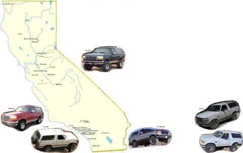 1989 Ford Bronco - Multiple Ford Bronco SUVs are depicted, with visual cues suggesting a model year range of 1992-1996.
