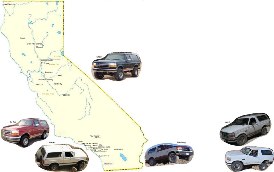 Four dark gray Ford Bronco SUVs from the 1990s are shown, three in 3/4 front view and one in side view, some on dirt roads