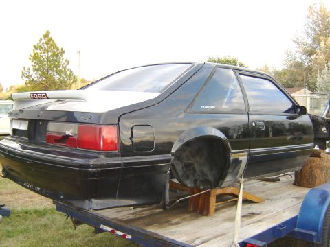 1987 Ford Mustang - A black 1987 Ford Mustang is shown on a trailer with its rear wheels removed.