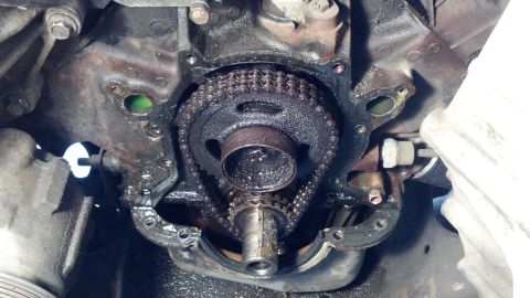 1992 Ford Bronco - Close-up of engine timing chain and gears, showing wear and oil.
