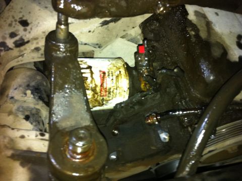1998 Ford Crown Victoria - Close-up view of a power steering pump and filter, covered in grease and grime.