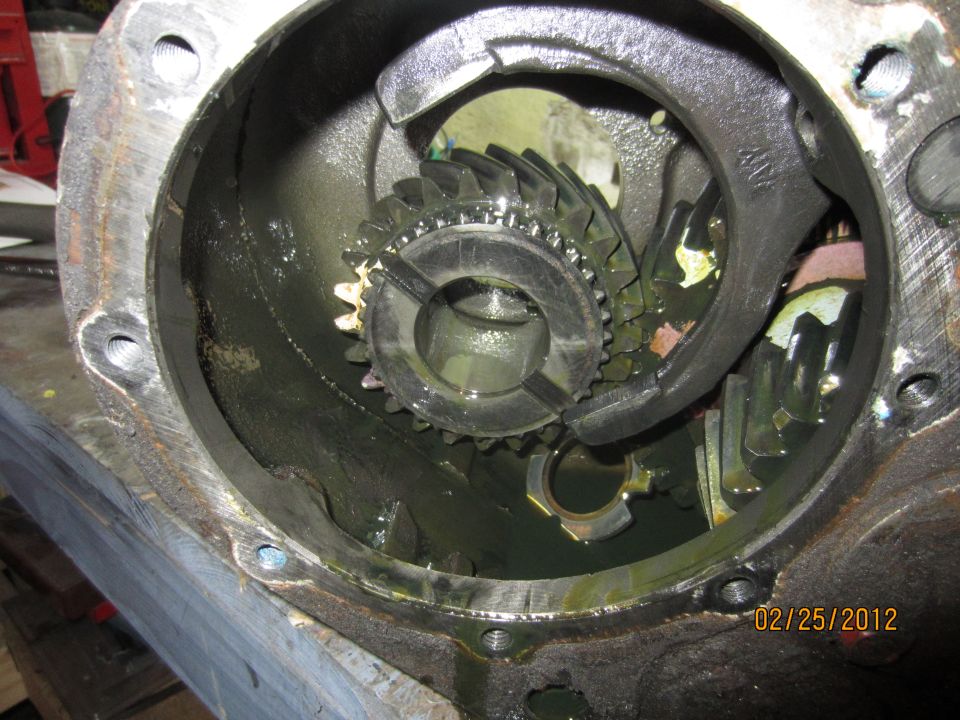 Gears and internal components of a differential housing covered in oil.