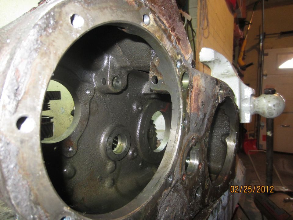 Close-up of a rusty differential housing interior