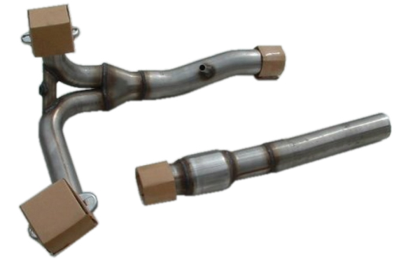 Exhaust pipe Y-section and straight pipe with tan protective caps