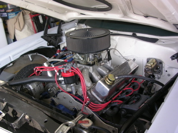 1972 Ford Ranchero - Close-up view of a V8 engine bay with aftermarket parts.