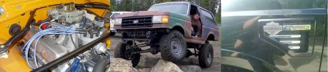 1978 Ford Mustang II - This lifted Ford Bronco is painted with camouflage and is being driven over rocks.