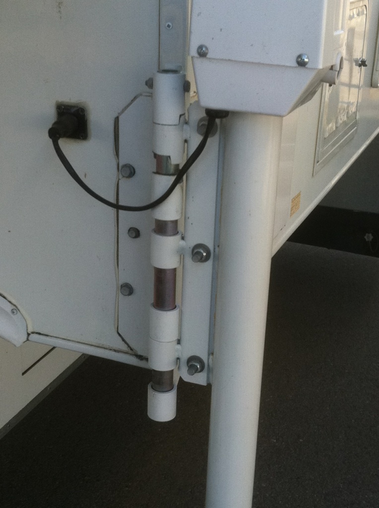White truck camper corner jack leg extended to the ground with mounting bracket
