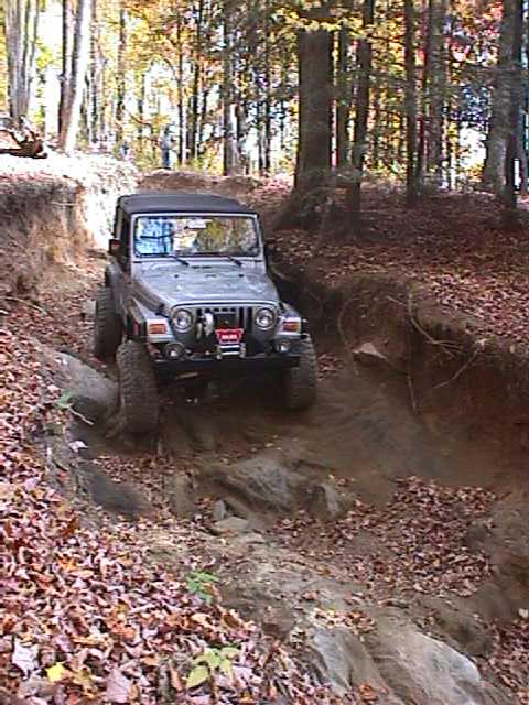 1996 Ford Bronco - A Jeep Wrangler TJ navigates a challenging off-road path covered in fallen leaves.