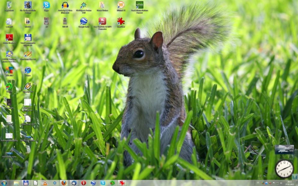 Squirrel in grass with desktop icons and a website logo