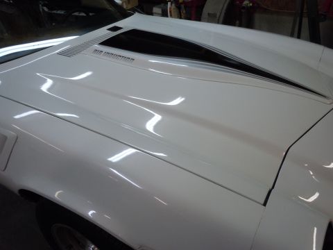 1980 Pontiac Trans Am - Close-up of a white car's hood, showing the 'AIR INDUCTION' decal and a black scoop.