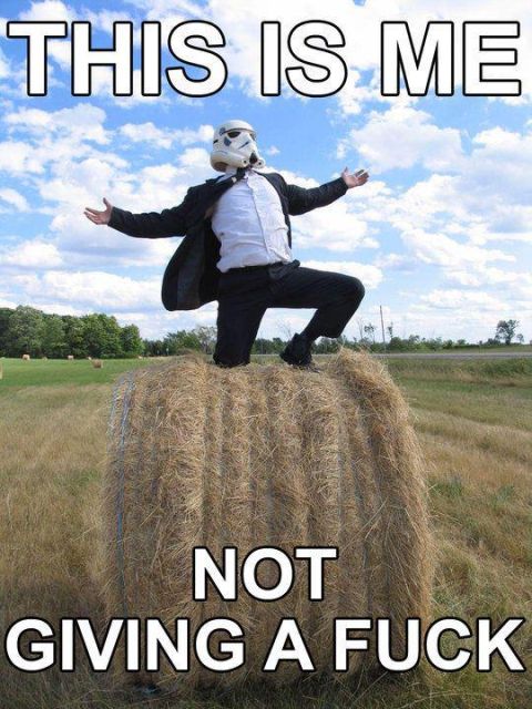 2000 Mercury Grand Marquis - A person wearing a stormtrooper helmet and a suit stands on a large hay bale in a field, with text overlay reading 'THIS IS ME NOT GIVING A…
