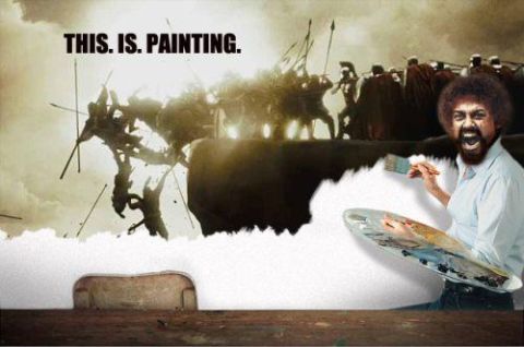 2000 Mercury Grand Marquis - Bob Ross is shown painting a dramatic battle scene, with the text 'THIS. IS. PAINTING.' above.