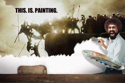Bob Ross painting a battle scene with a couch in the foreground