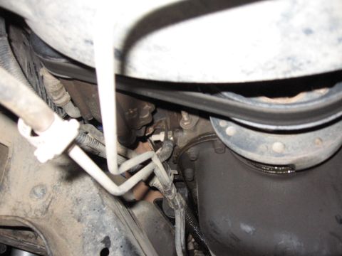1995 Ford Bronco - Underside view of engine parts, including hoses and metal tubing, with some fluid leakage visible.