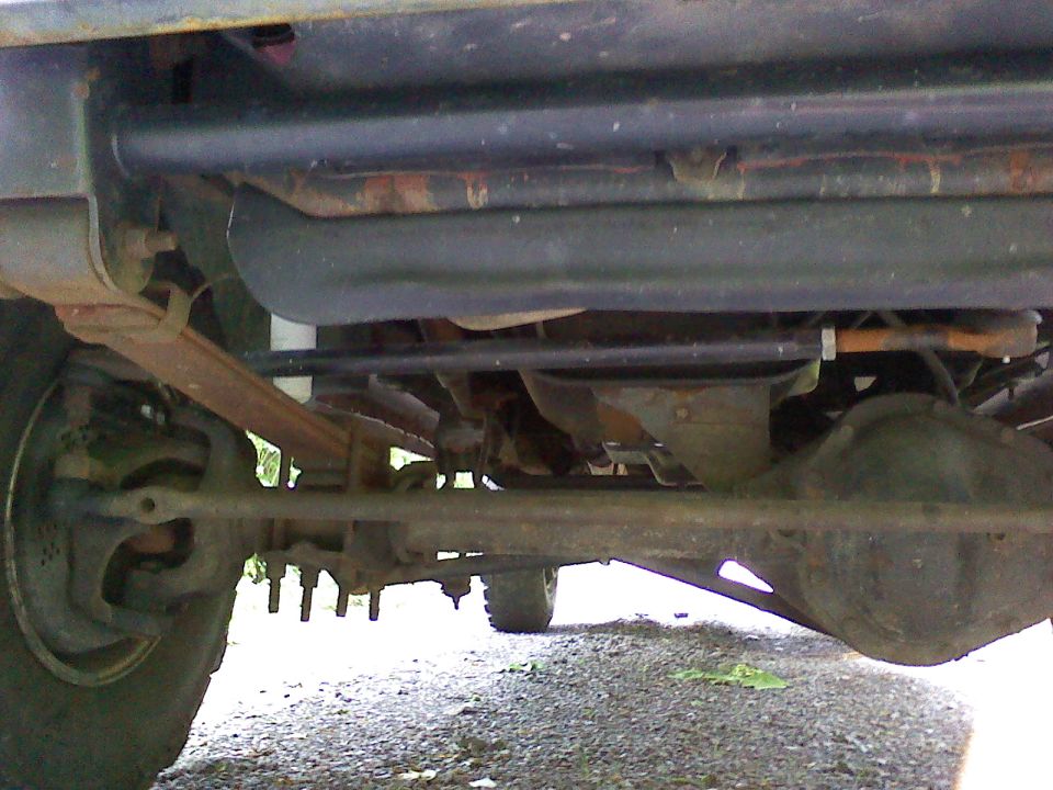 Underside view of a truck's suspension and rear axle